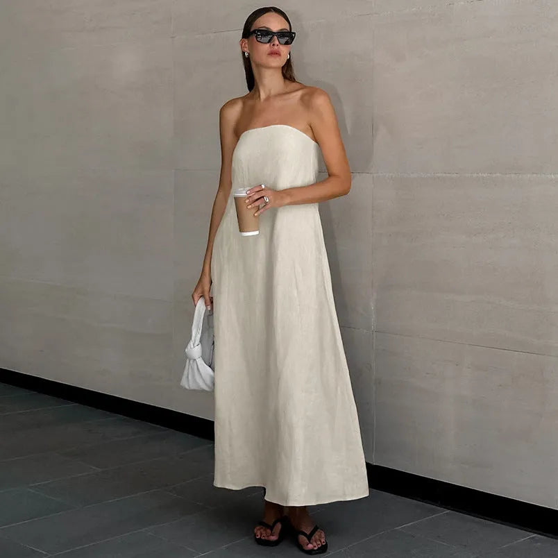 French Style Khaki Cotton Linen Tube Top Vacation Style High Waist Dress - Bellarte Enchanté French Style Khaki Cotton Linen Tube Top Vacation Style High Waist Dress